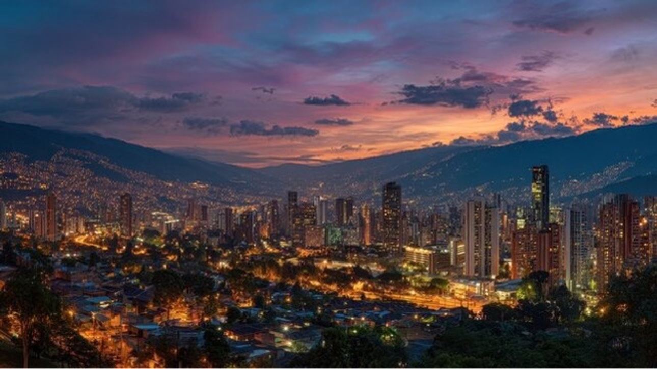 Medellín skyline glowing beneath the mountains at dusk