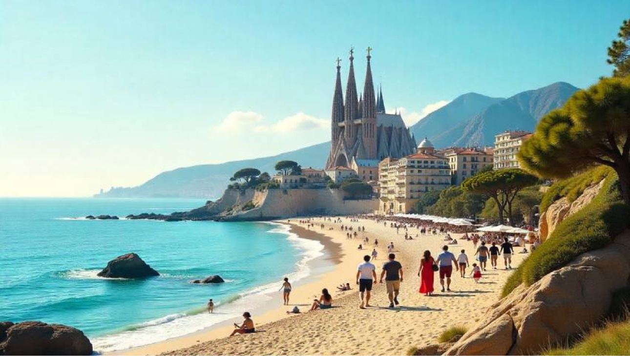 Coastal town and turquoise Mediterranean water in Spain
