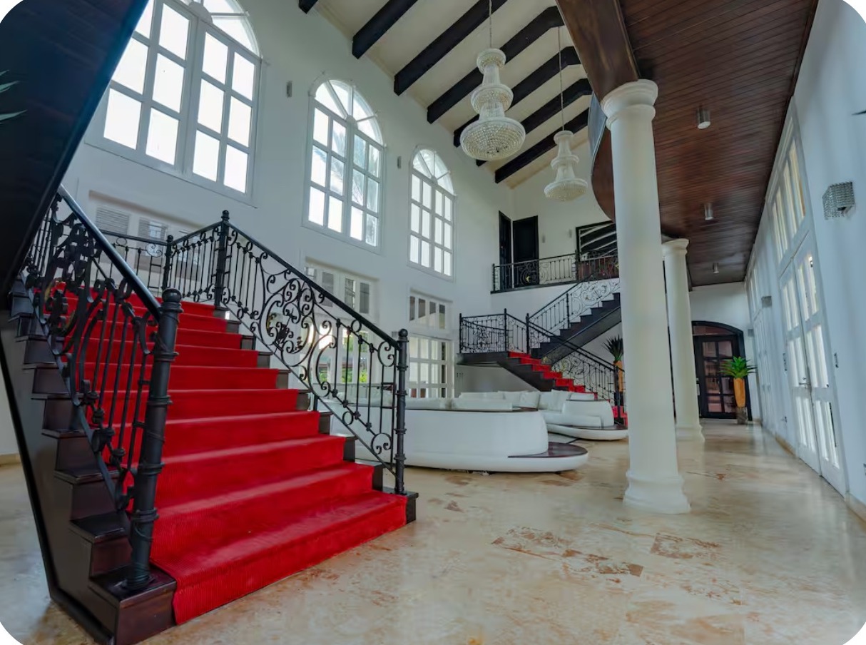 Red billiards table in the mansion entertainment room