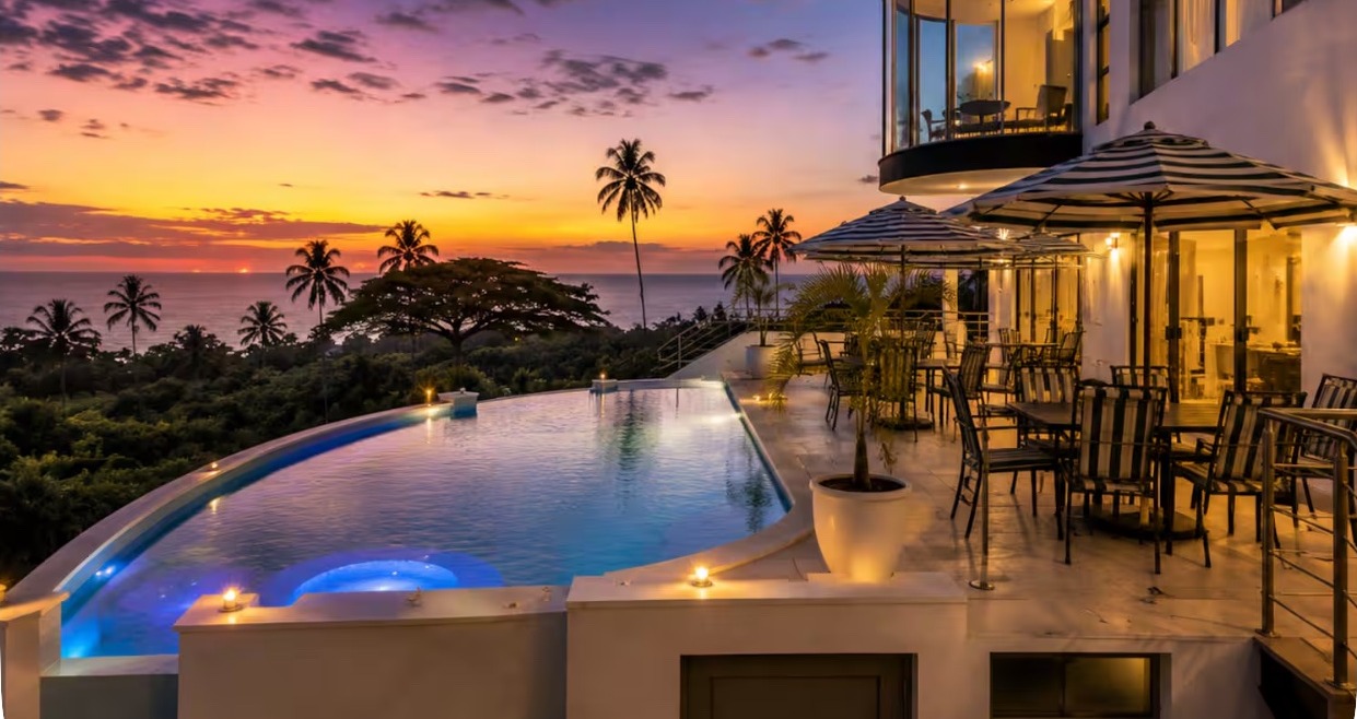 Villa Luna pool overlooking the sea at sunset in the Dominican Republic