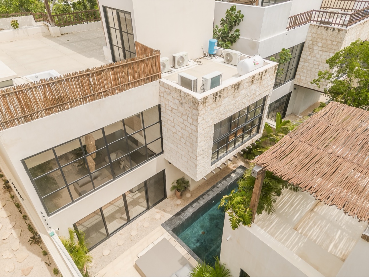 Aerial exterior of the four-bedroom villa and pool in Mexico