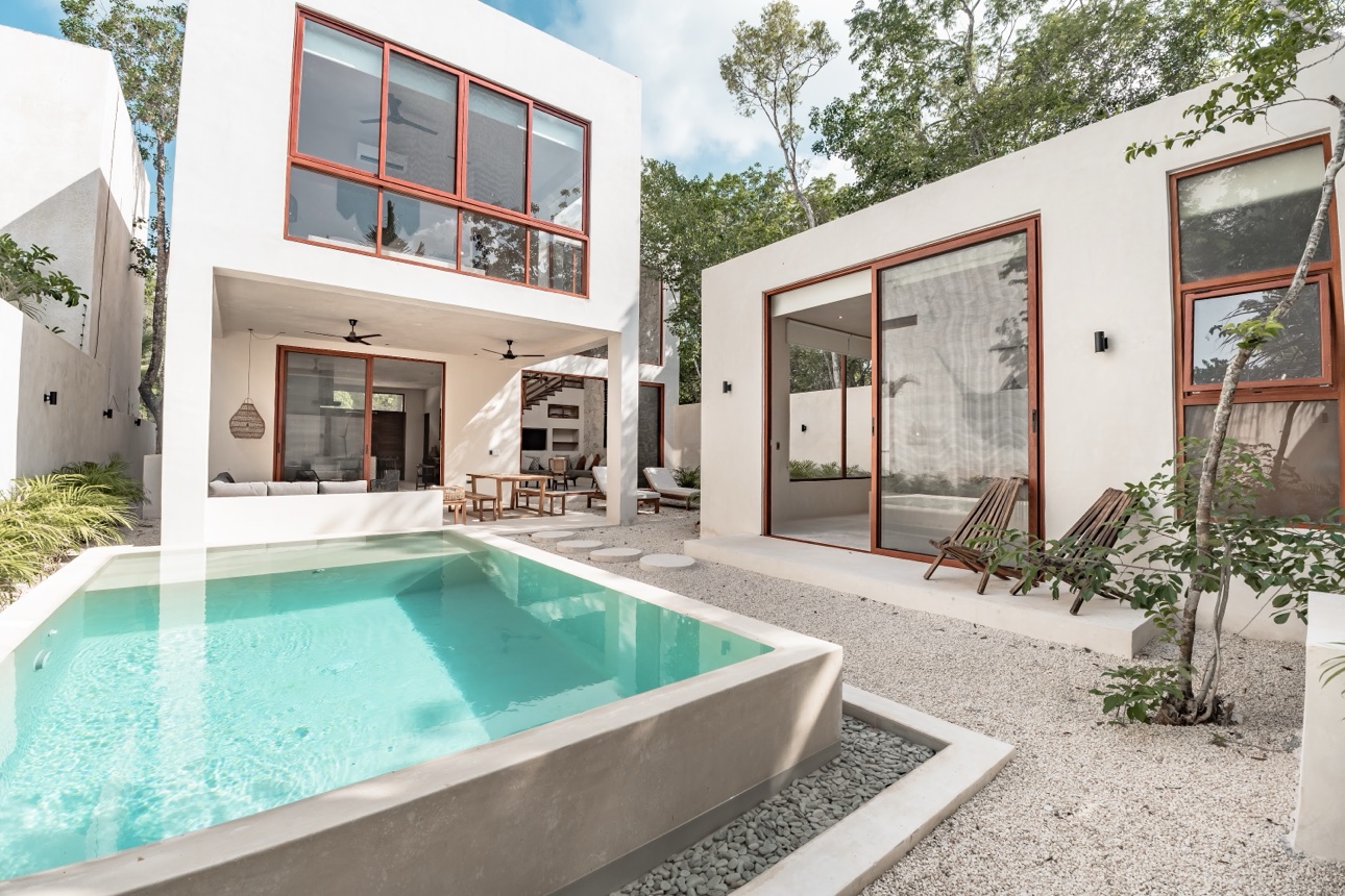 Exterior of the three-bedroom home and private pool in Mexico