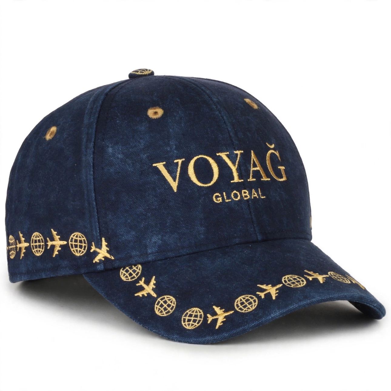 Navy cap with gold VOYAG Global embroidery and travel icons