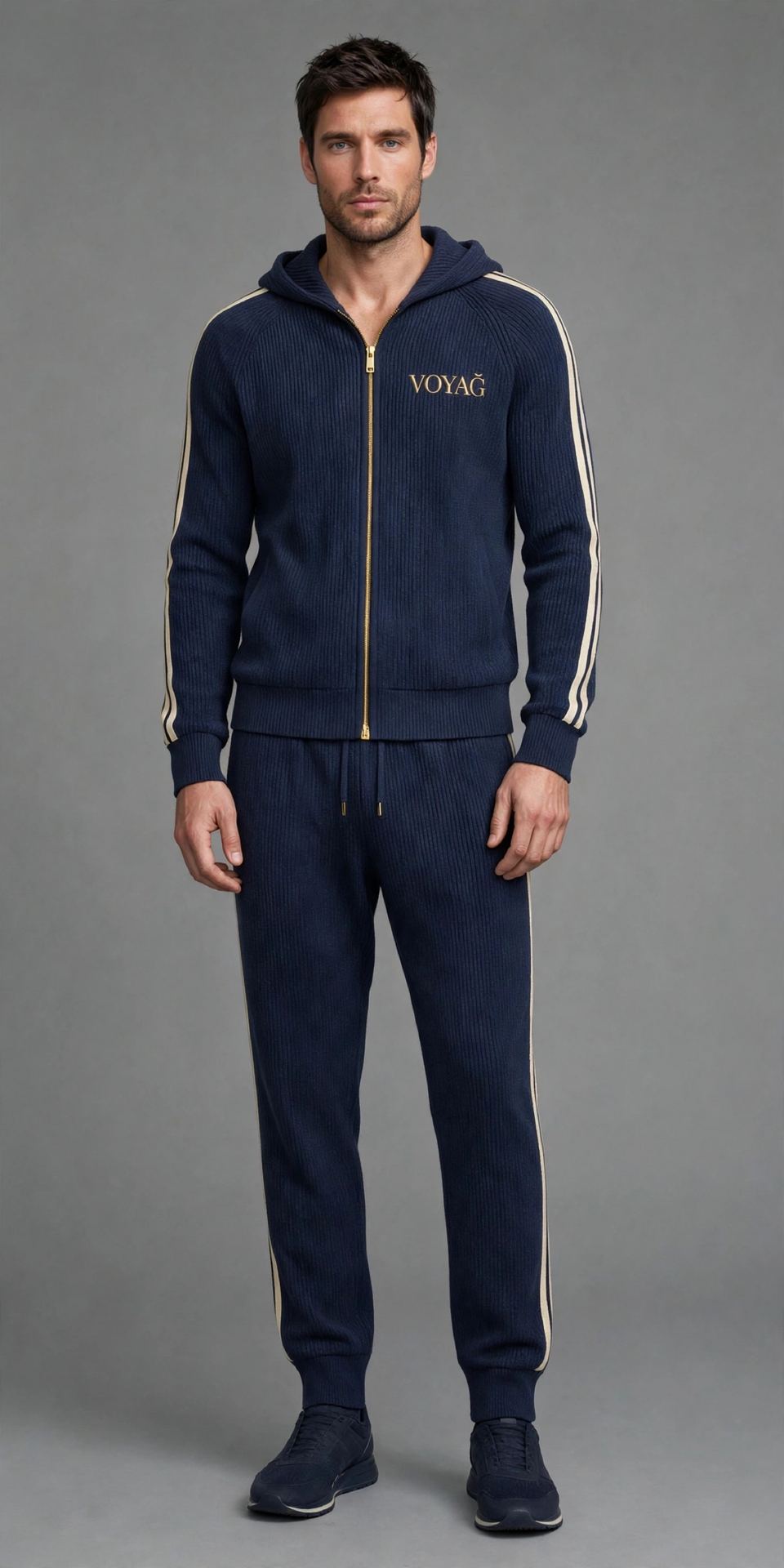 Navy ribbed men's zip jumper suit with gold VOYAG embroidery