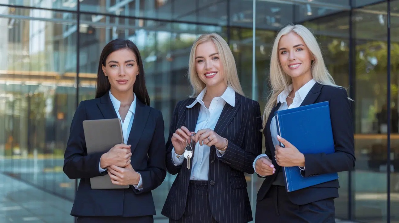 Three professional women in business suits, one holding keys, outside a glass building