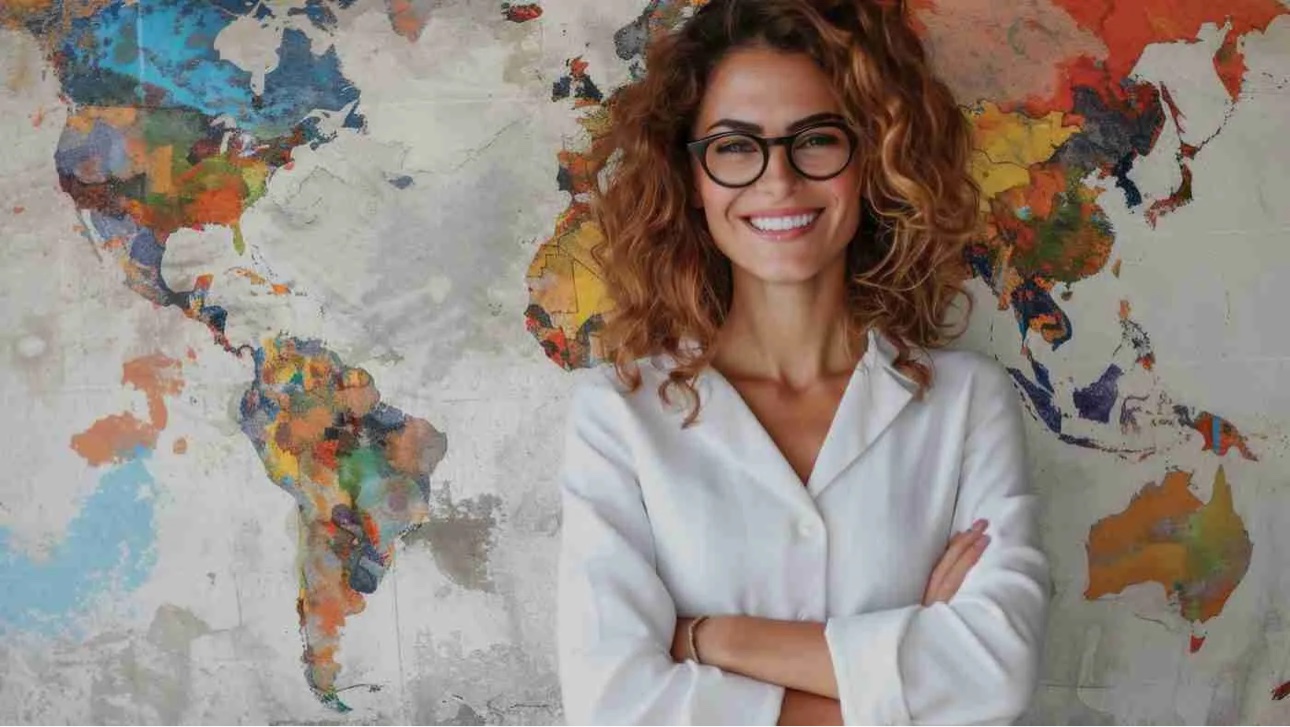Smiling travel professional with glasses standing in front of a colorful world map